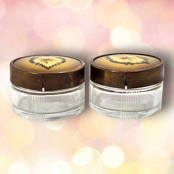 Set of 2 Vintage Glass Vanity Jars Gold Floral Metal Lids Hollywood Regency MCM - Picture 3 of 8